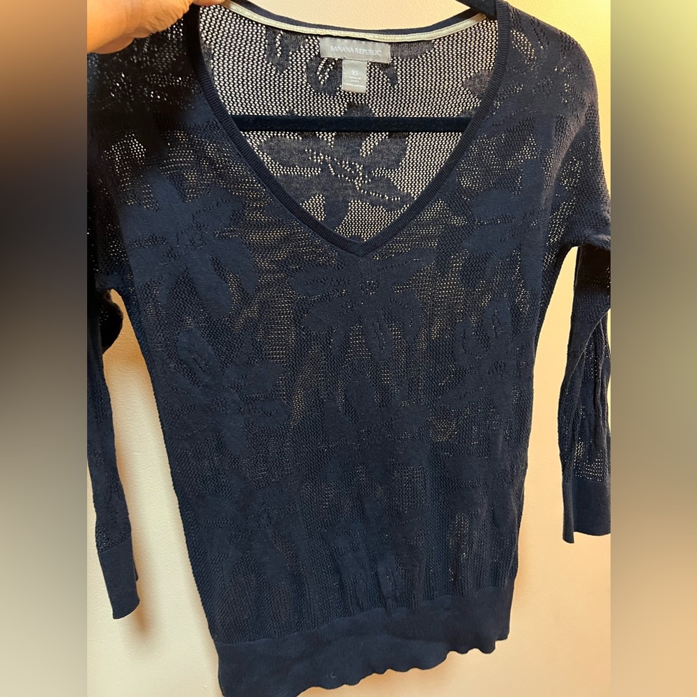 Banana Republic Mesh Palm Print 3/4 Sleeve Top Navy Blue XS